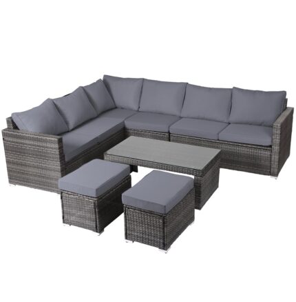 Panana Rattan Garden Sofa Set 8 Seater Outdoor Lounge Sofa with Coffee Table and Stools
